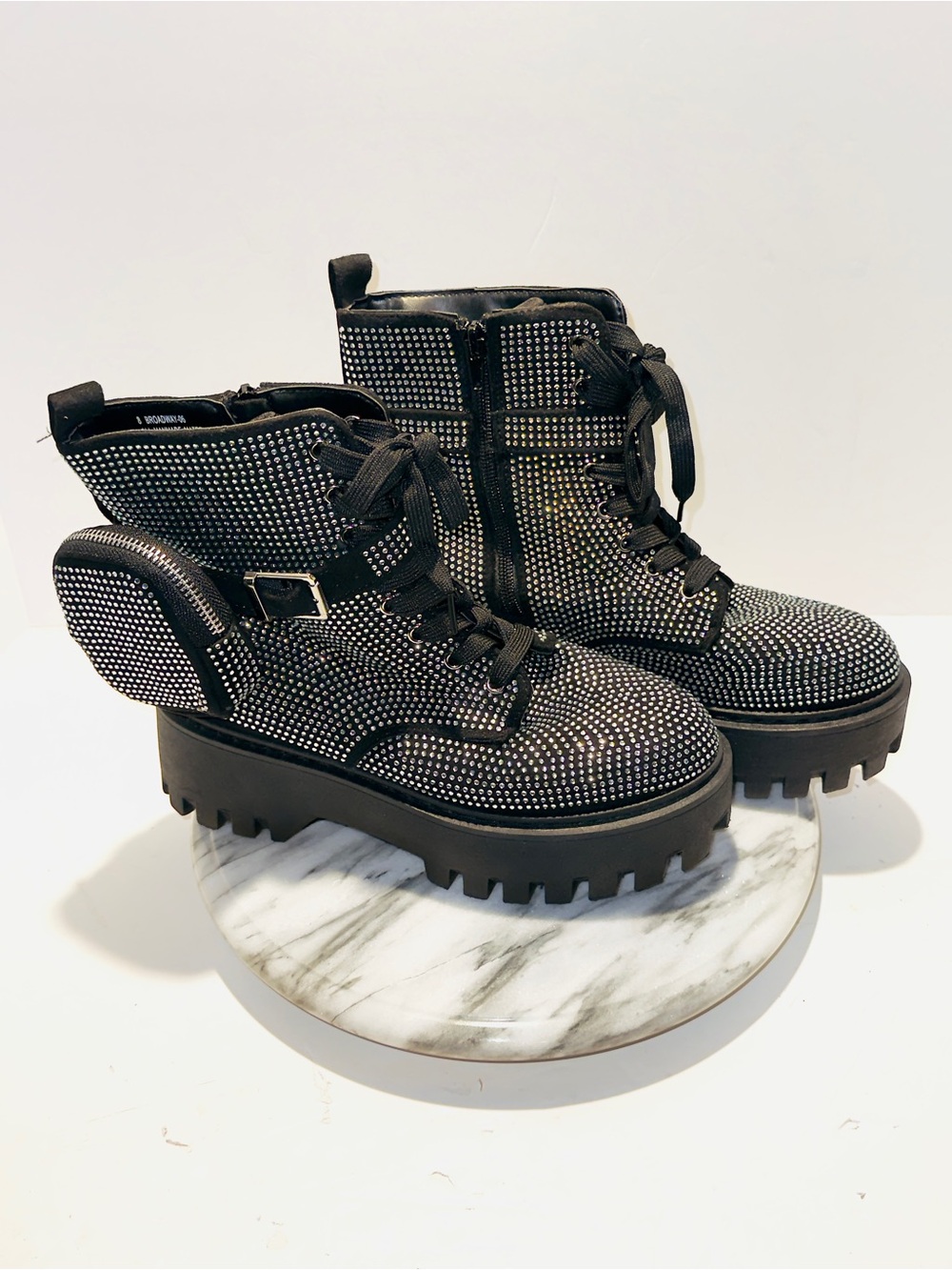 Rouge! Black Rhinestone Platform Combat Boot With Side Pouch Size 8 Broadway